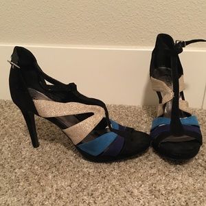 Black gold and blue strappy heels